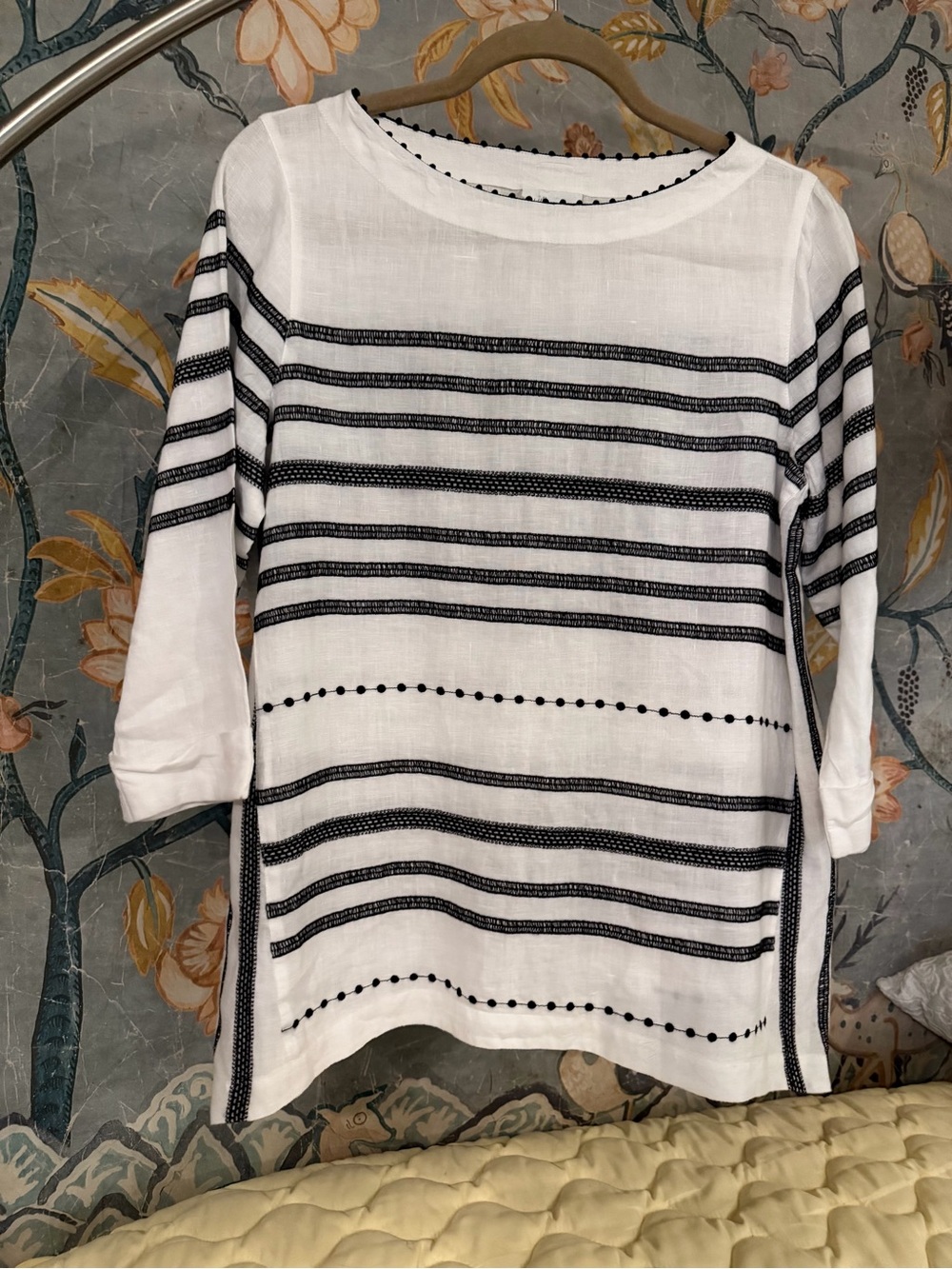 J.Jill Love Linen White Black Embroidered Stripe Linen Tunic Top S